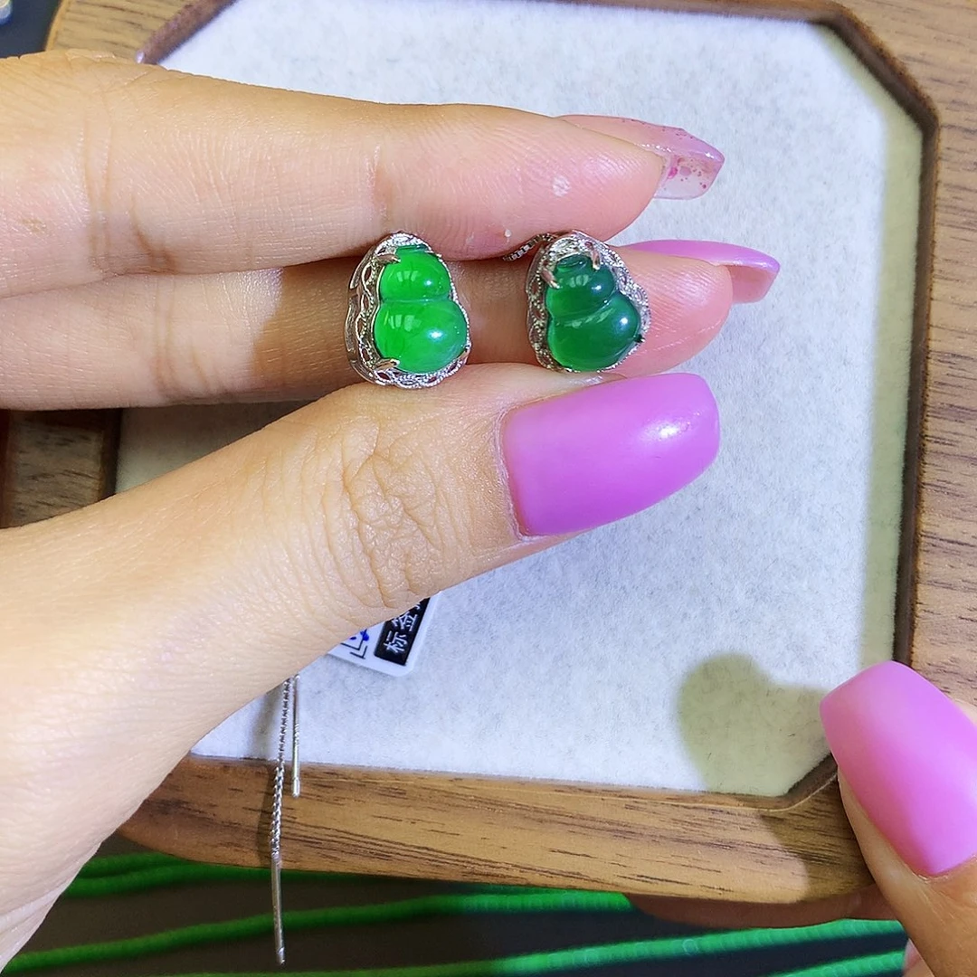 翡翠耳饰银S925镶嵌天然翡翠耳线