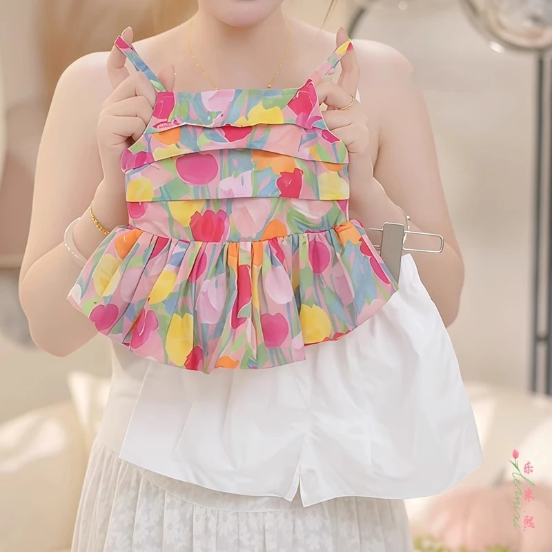 女童碎花吊带短裤套装2025新款夏季女宝花苞背心娃娃衫甜美风洋气