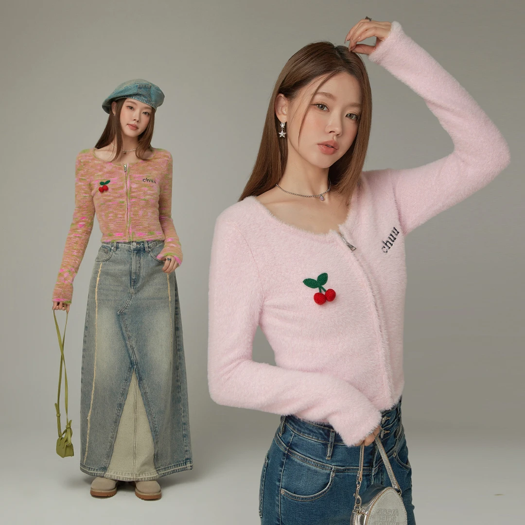 3009【金拐子专属】CHUU字母刺绣樱桃设计拉链辣妹短款外套-F