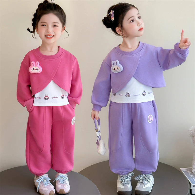 拉布布女童套装秋季2025新款洋气时髦儿童韩版春秋卡通休闲三件套