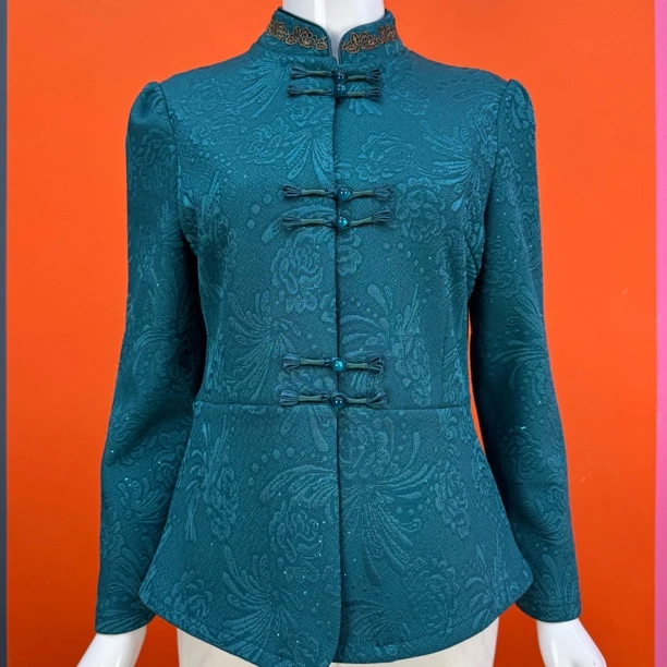 加绒短款上衣女士中老年复古盘扣立领开衫拼接提花一体绒打底女衫