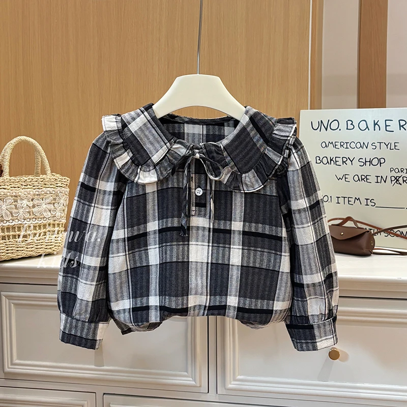 女童春秋儿童长袖百搭黑白格子衬衫女宝宝韩版休闲款洋气潮流童装