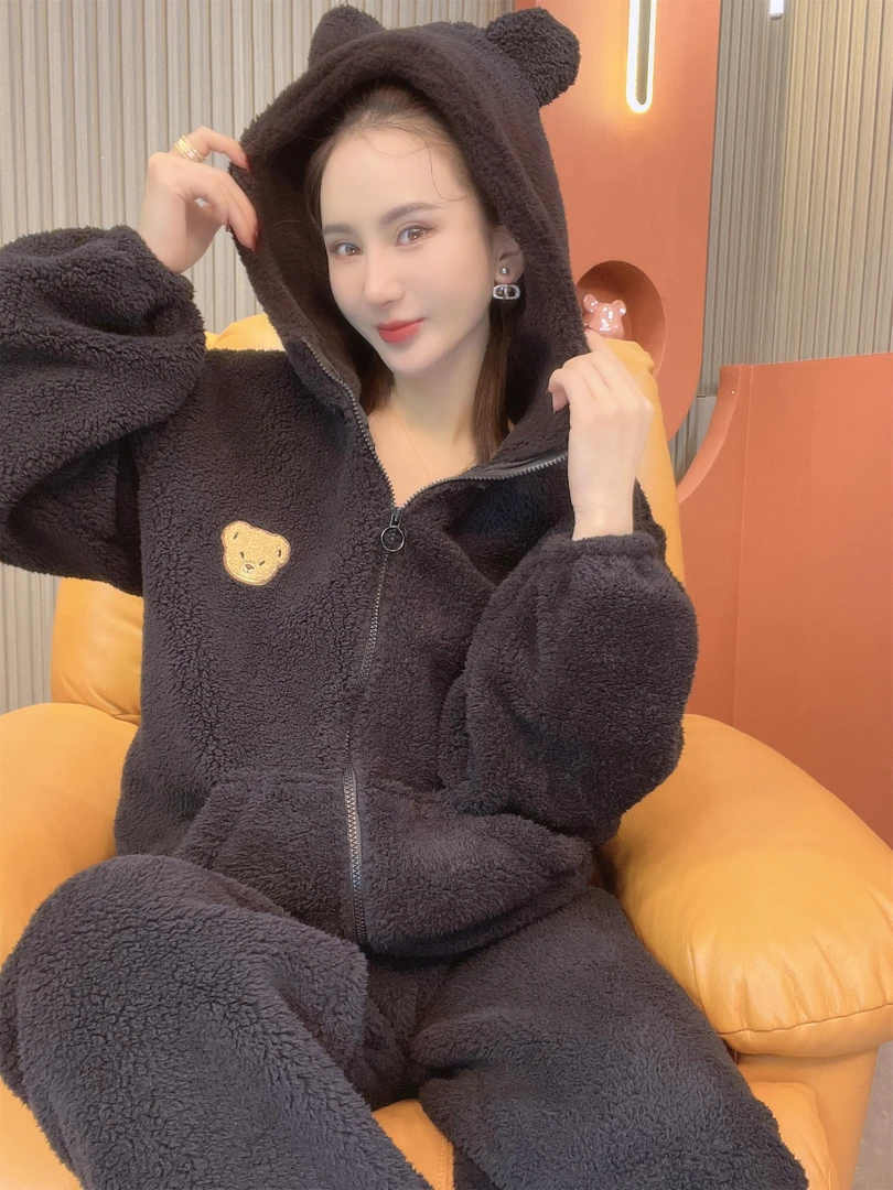 美拉德系小熊加绒加厚连帽款宽松睡衣家居服套装保暖