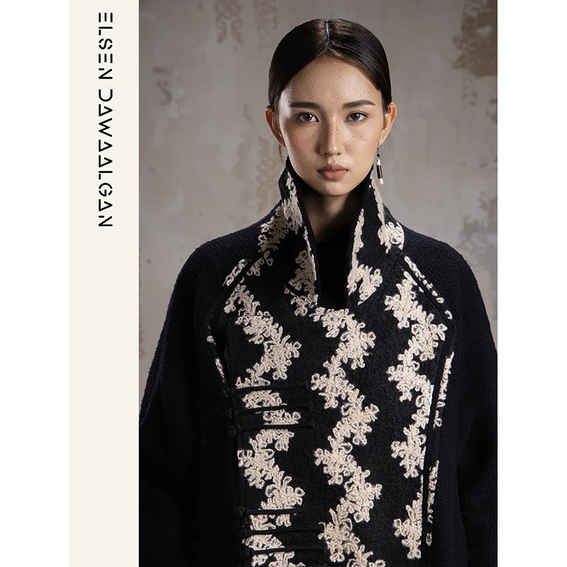 沙粒｜【绣花博物馆】黑标系列100羊毛民族立体钩花重工手工盘扣大衣