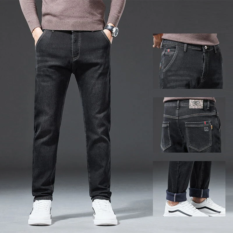 【斜插口袋加绒牛仔裤】冬季新款时尚加厚潮流弹力水洗长裤-2288