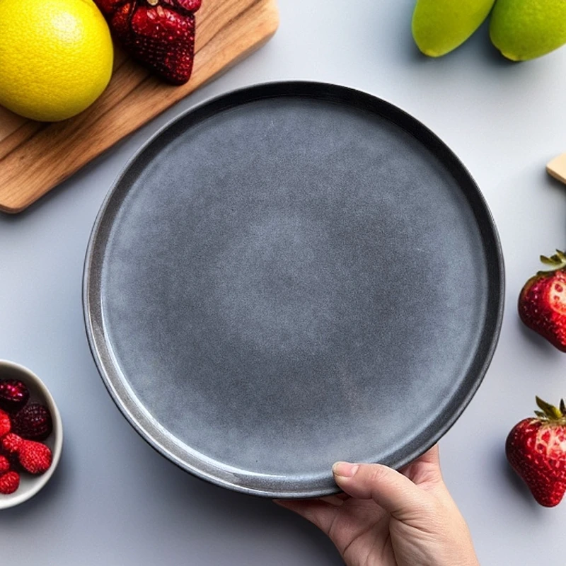 辣616 北欧家用创意陶瓷西餐牛排盘窑变蓝灰色护边大盘托盘菜盘