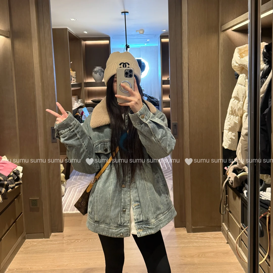 宿慕SUMU经典翻领加棉加厚牛仔外套11-8冬季2025新款百搭棉衣9057