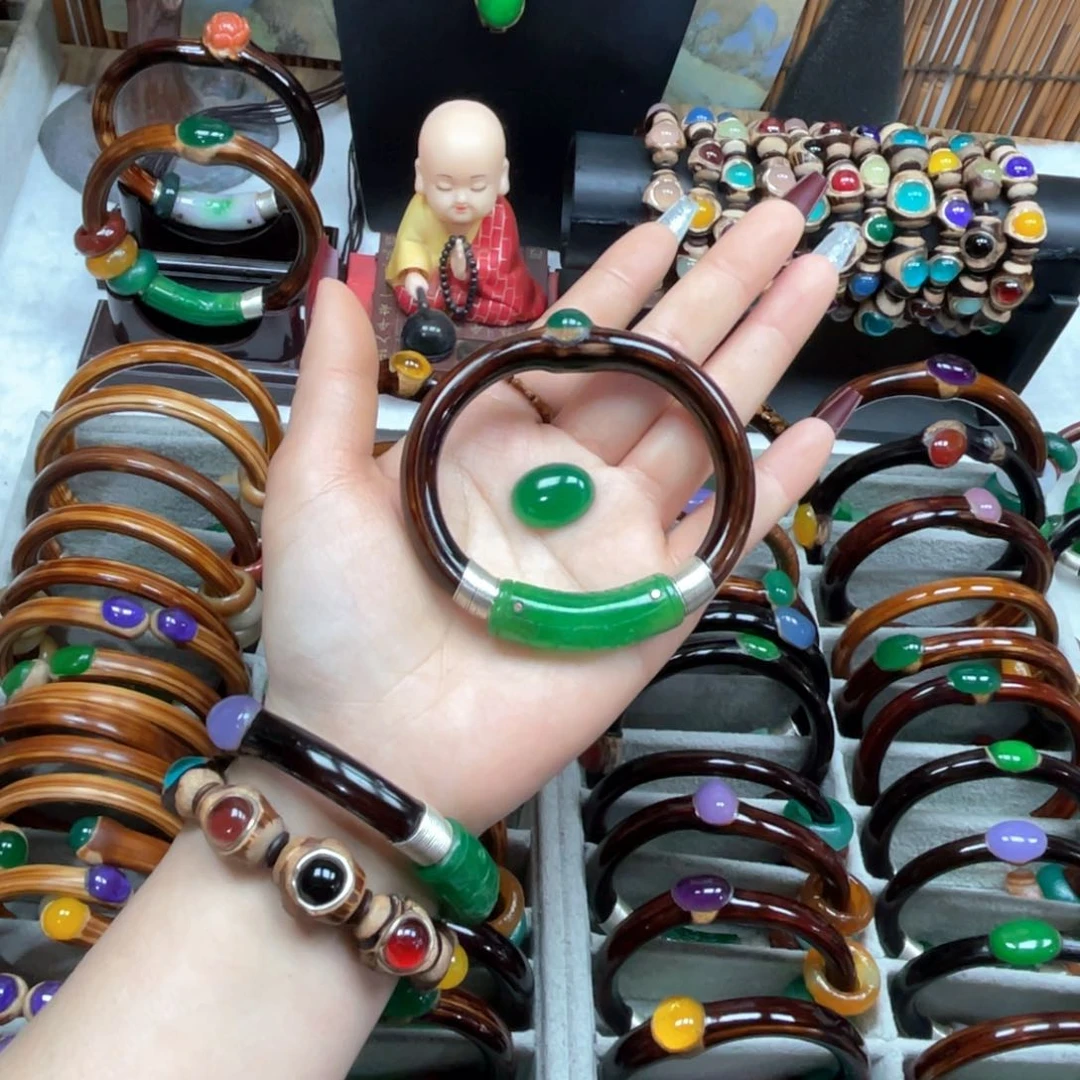 大理石磁石黑藤三节镶嵌绿色