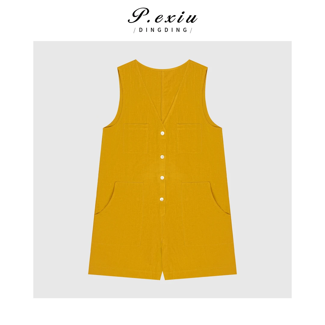 亚麻天丝设计感简约气质V领无袖连体裤 M8928