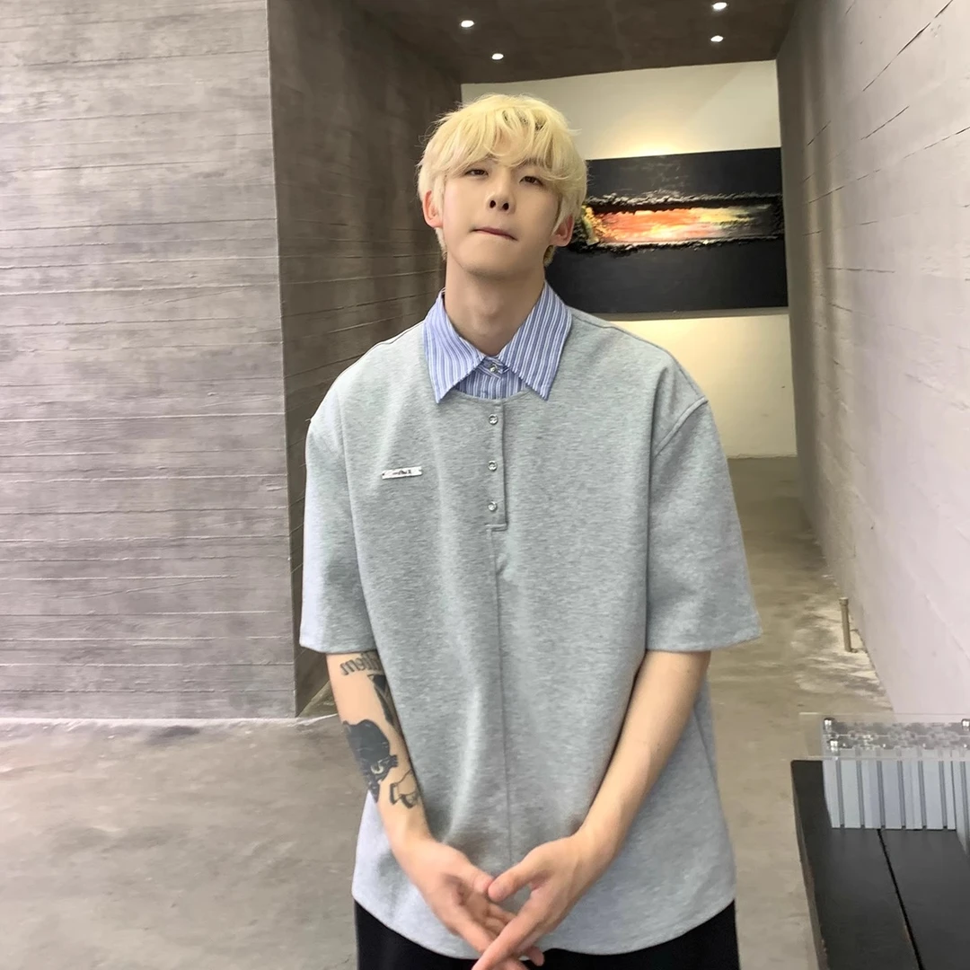 条纹衬衫领拼接假两件POLO衫男短袖夏季T恤美式潮男101-CS28