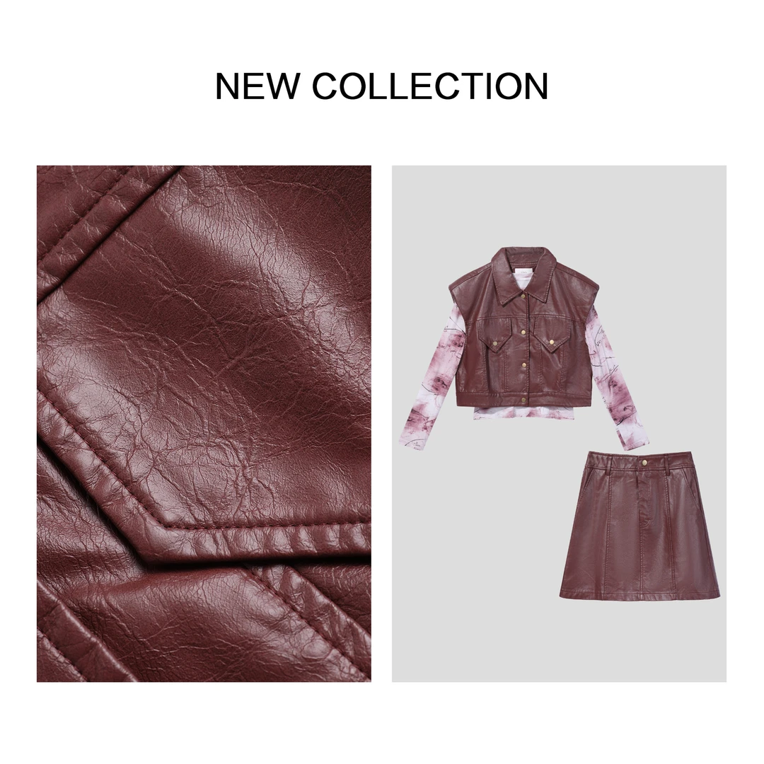 《芳芳专属》D3F39020B 春季皮质马甲+上衣+皮质短裙套装