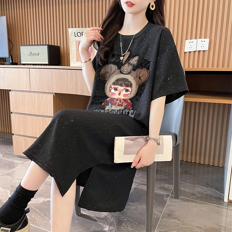 黑色遮肉满天星短袖T恤裙女夏季宽松时尚百搭下摆开叉休闲连衣裙