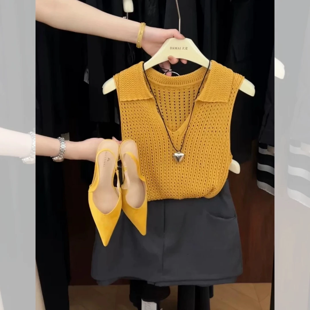 法式复古杏色镂空polo领针织无袖背心女夏季外穿薄款坎肩翻领上衣