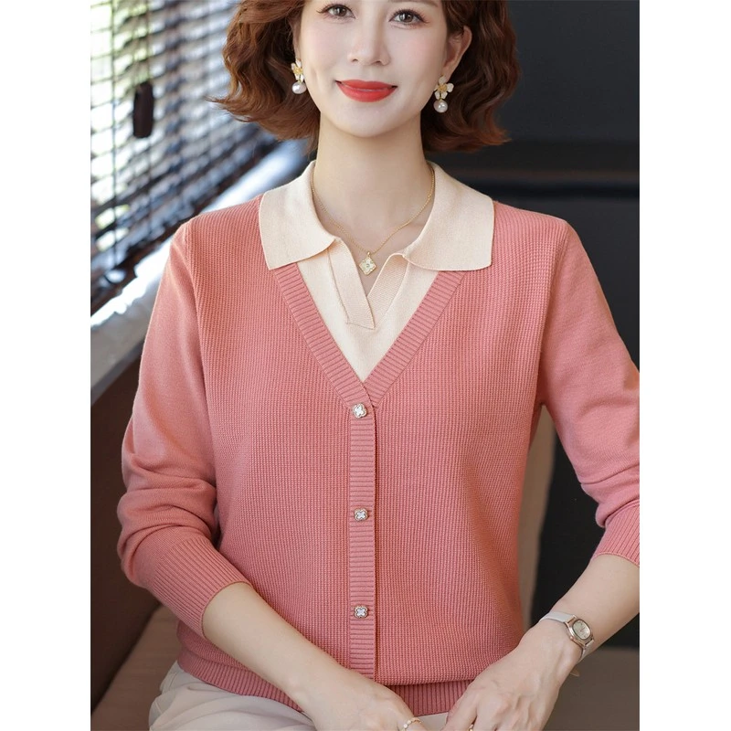 洋气妈妈秋装假两件薄上衣翻领针织打底衫中老年女春秋长袖羊毛衣
