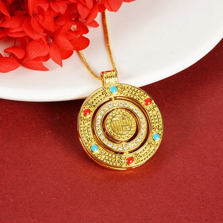 铜合金项链 可旋转滴胶花钻福牌吊坠古法罗盘中国风久不掉色 0746