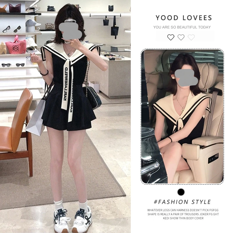 学院风海军领针织衫显瘦短裤套装女夏季设计感气质甜美辣妹套装潮