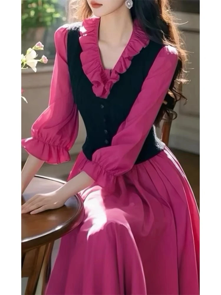 开春2025超火富家千金感穿搭气质名媛显瘦玫红色木耳边衬衫连衣裙