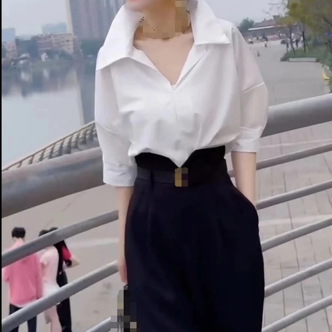 新款纯色翻领洋气衬衫高腰显瘦阔腿裤时尚女装
