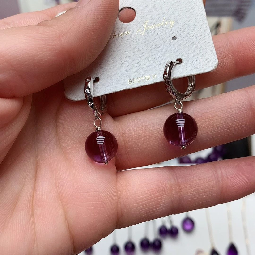 紫晶耳饰银S925镶嵌圆珠