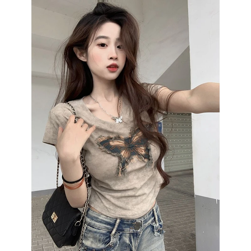 大码扎染牛仔蝴蝶短袖T恤女2025夏季百搭褶皱V领修身短款遮肉上衣