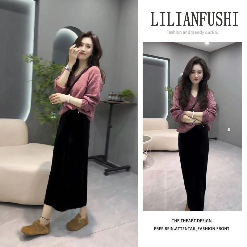 时尚穿搭女2025秋季新款百搭V领长袖针织衫显瘦高腰半身裙两件套