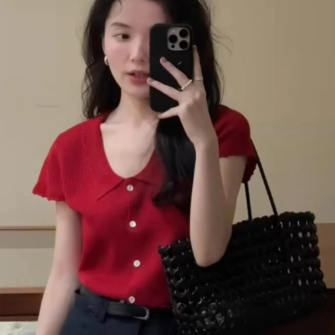 法式复古港风红色针织短袖T恤女夏季独特漂亮短款翻领POLO衫上衣