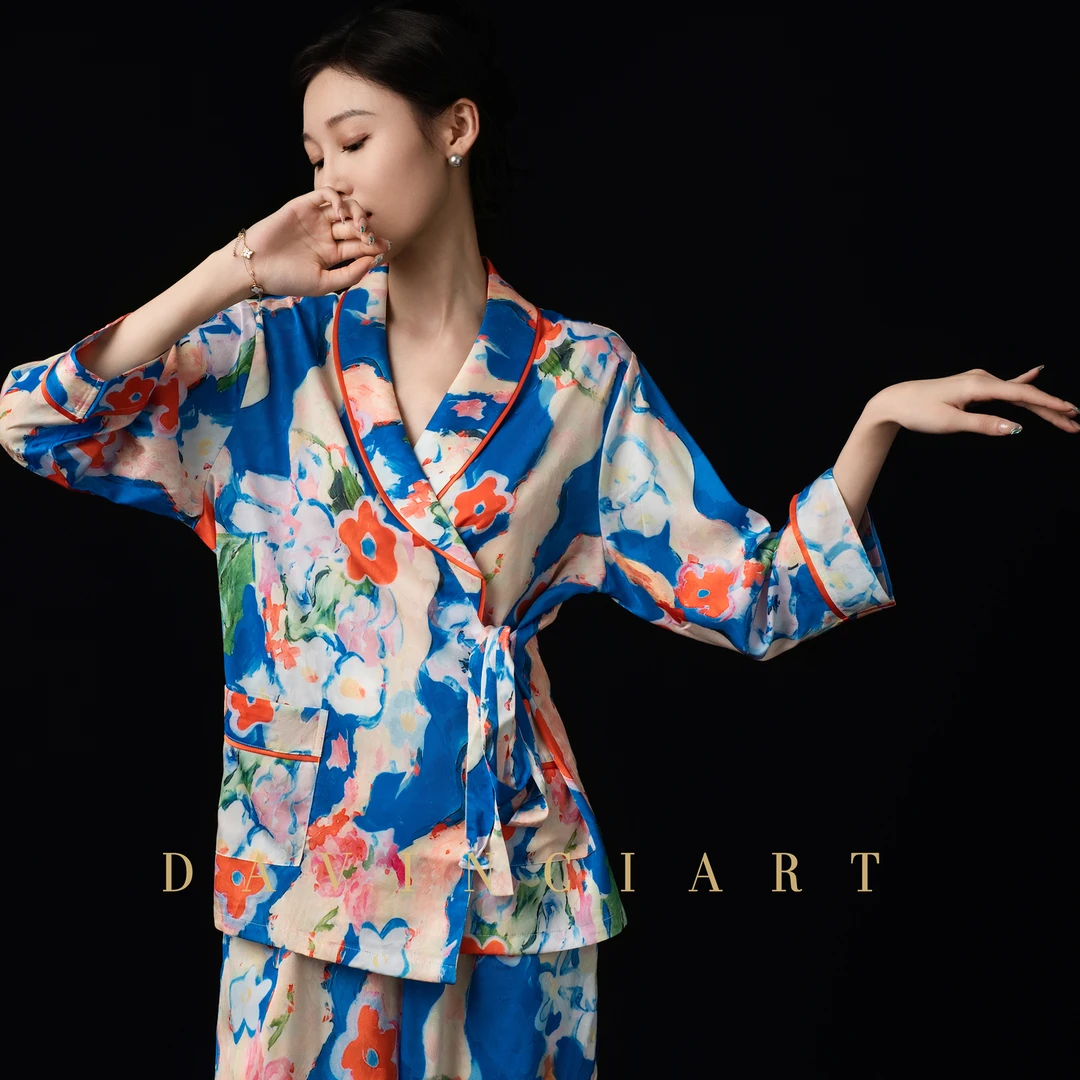 达芬奇密码2025春夏欧若风气质女士女款长款家居服油画印花可外穿