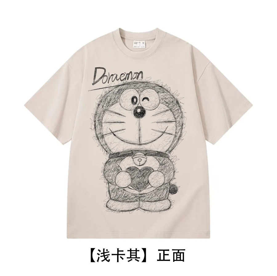 【素描哆啦A梦】300克美式宽松精梳棉短袖白色男士T恤