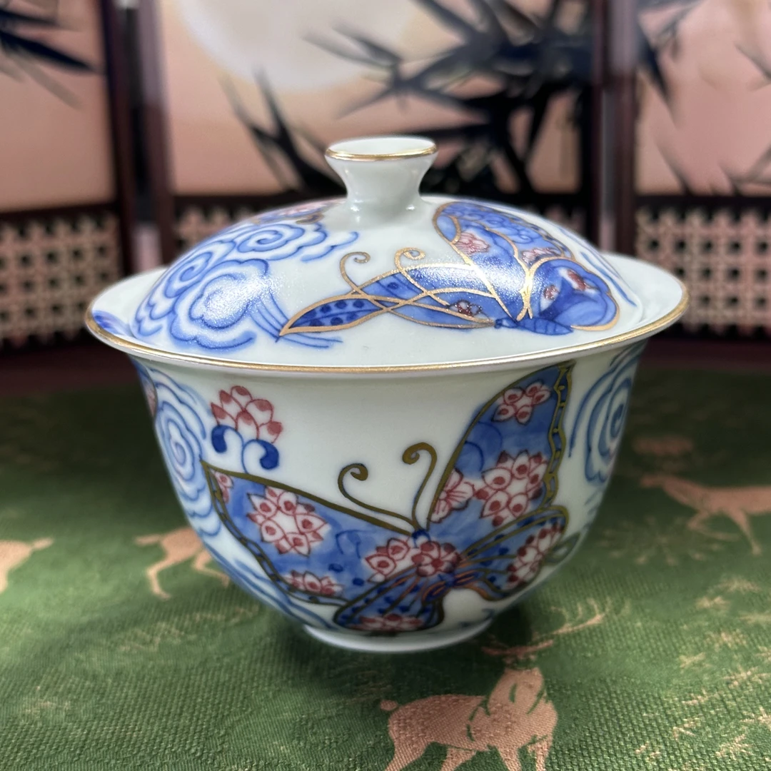 【雨溪山房】枢府釉蛱蝶空戏两才元宝盖碗茶杯（80cc）YX329