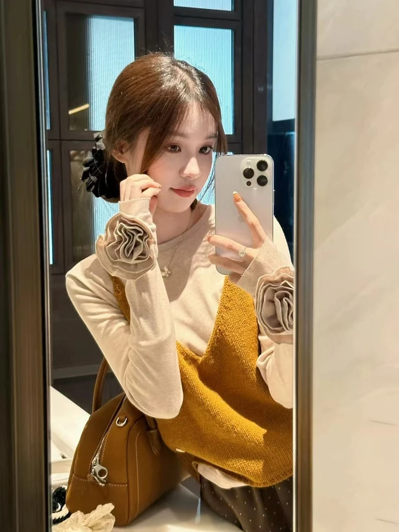 “秋日栗子”手袖玫瑰打底+毛衣背心两件套-8993