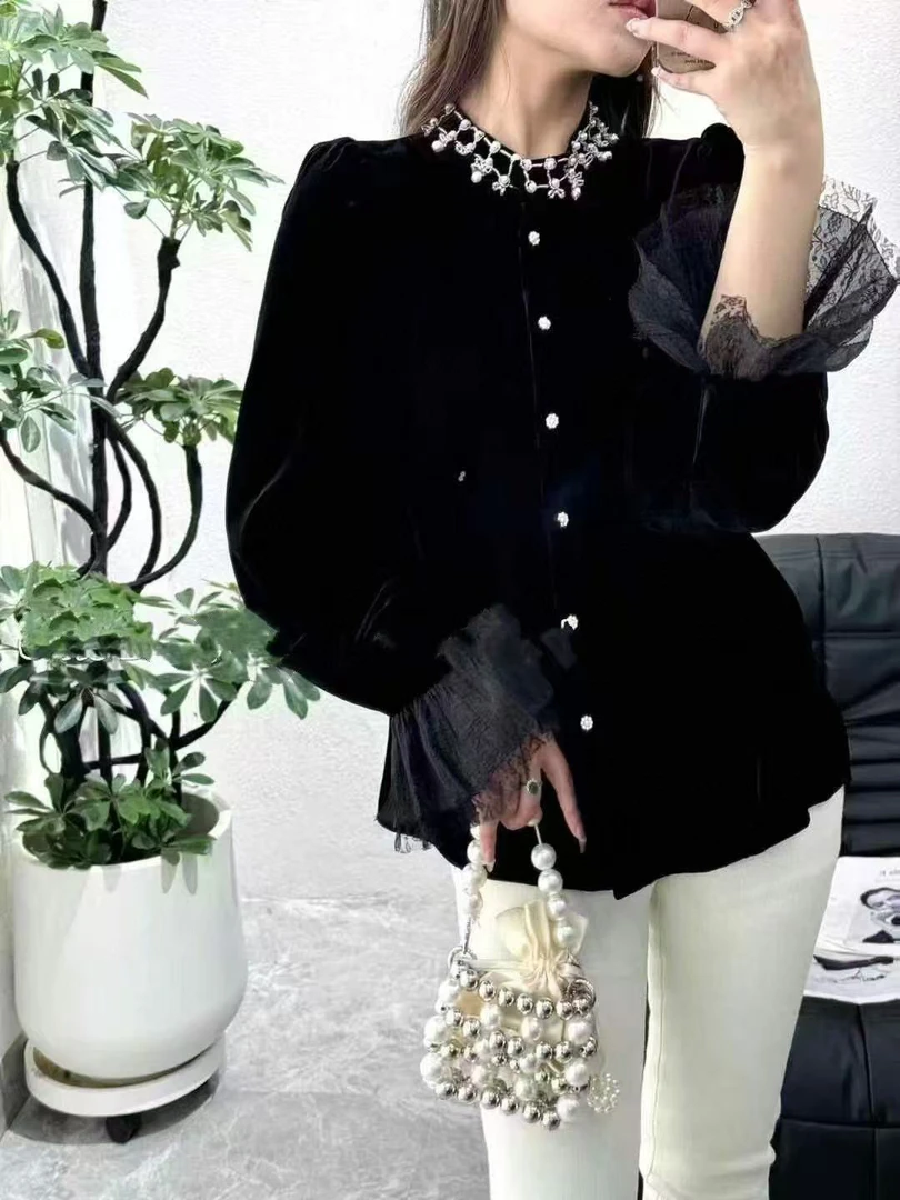 重工钉珠真丝丝绒上衣