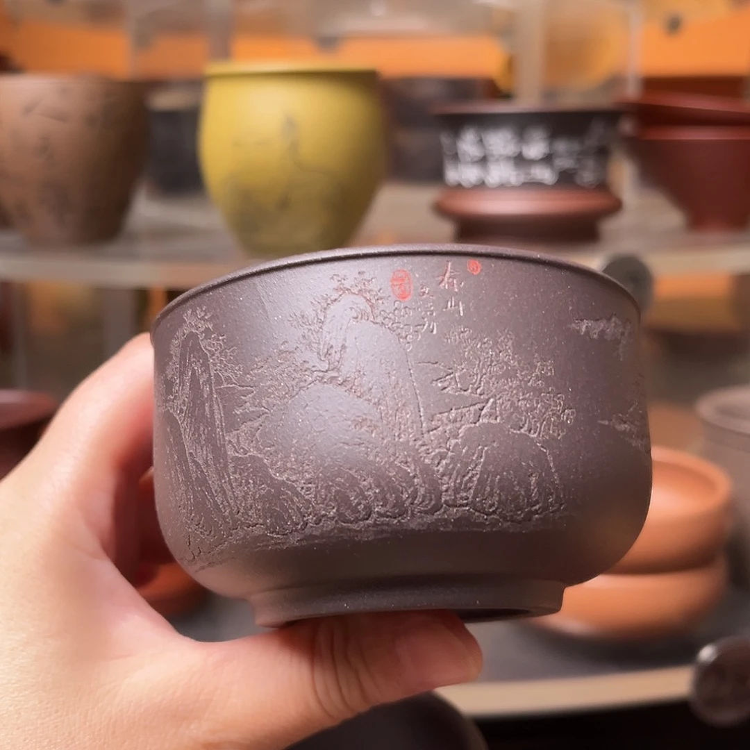 茶杯紫砂天青泥 山水禅定杯