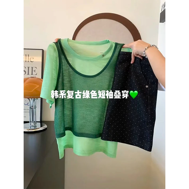 绿色假两件针织衫短袖女t恤2025新款爆款漂亮精致短款松弛感上衣