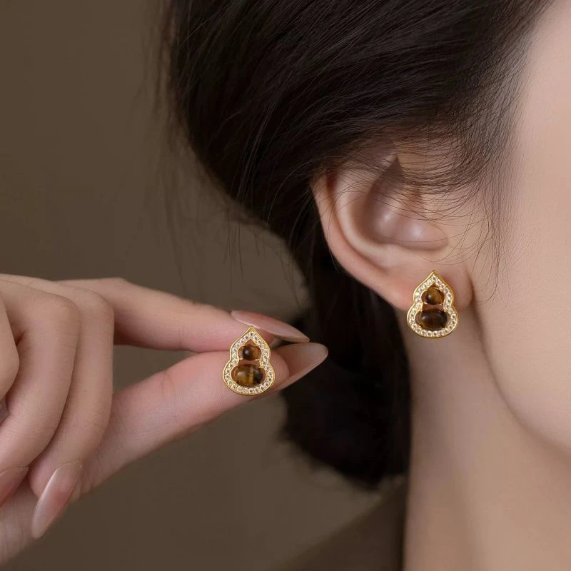 铜合金耳饰 复古石葫芦耳钉女士耳饰独特漂亮国风耳环N4028