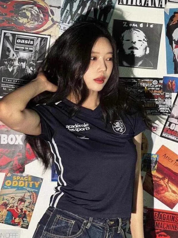 badblood李彩演同款藏青色短袖球衣美式复古运动辣妹修身正肩T恤