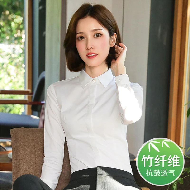 【方领珍珠扣】弹力白色衬衫女长袖职业装通勤气质百搭面试工作衣服