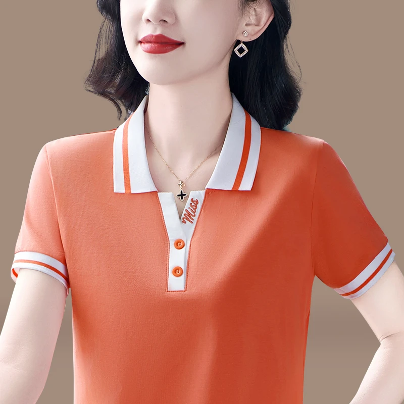 短袖t恤女2025新款夏季品质时尚洋气百搭中年女士翻领刺绣上衣棉