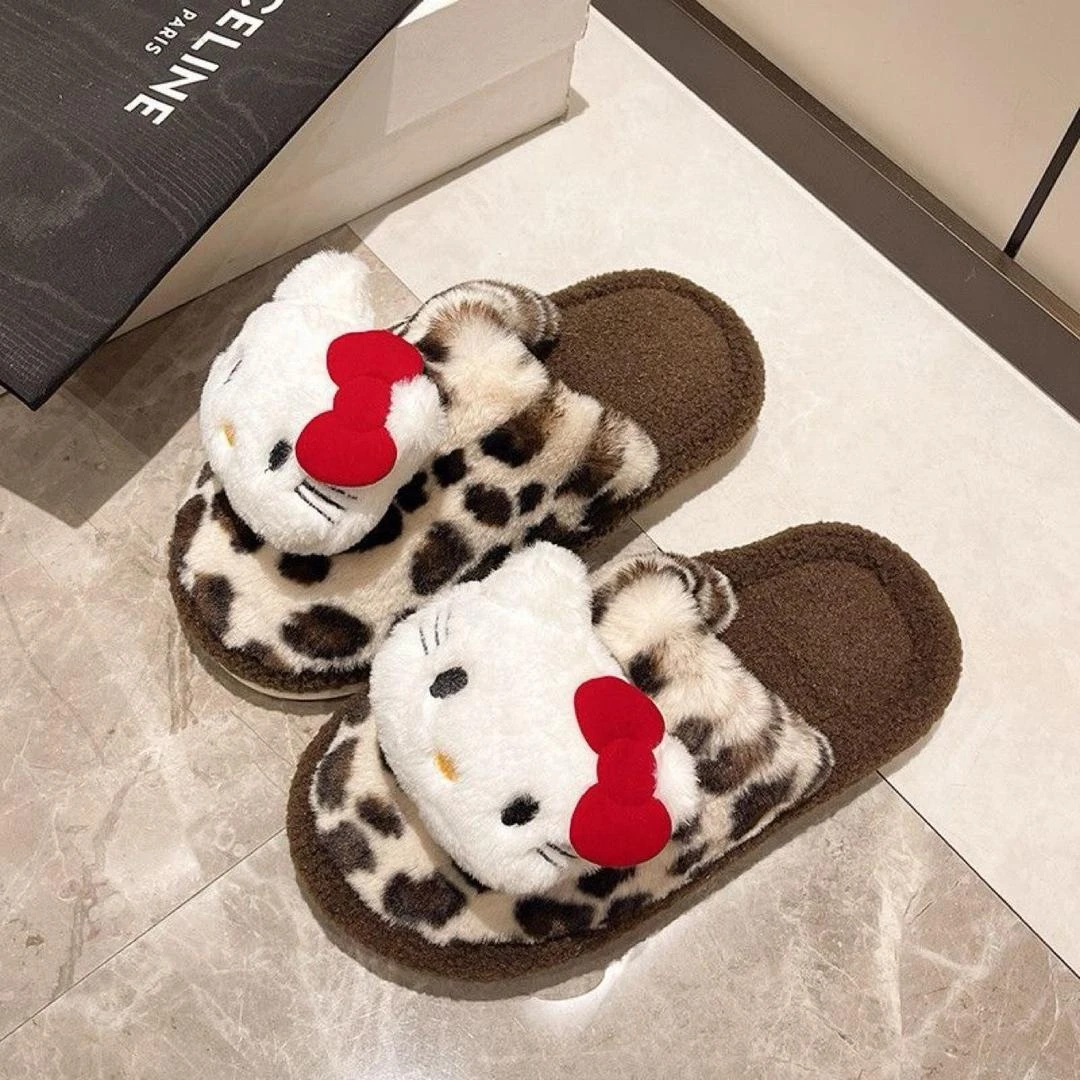 可爱KT猫豹纹25新款高颜值复古百搭包头毛毛拖鞋居家室内保暖棉拖