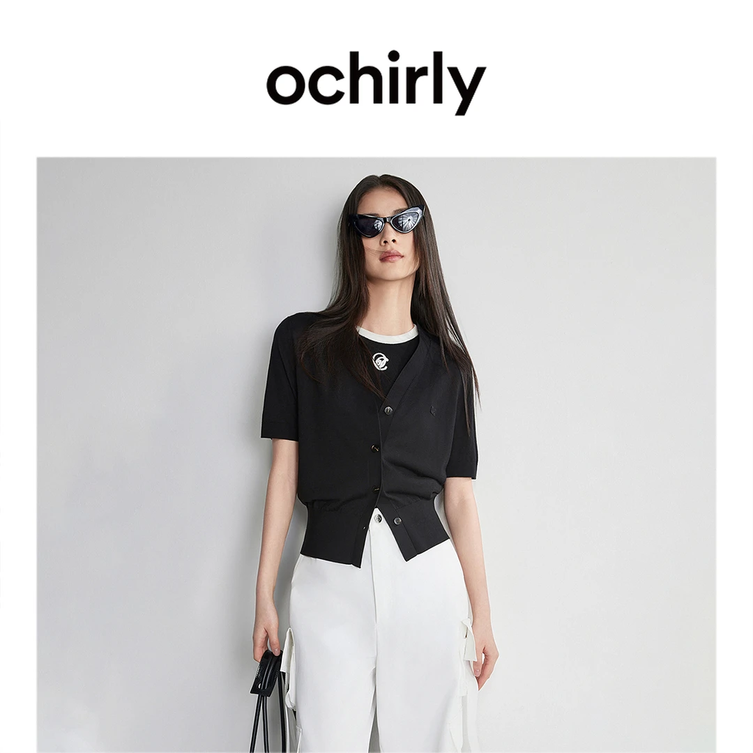 ochirly醋酸桑蚕丝氧气衫短袖针织衫外套透气1LK204794F