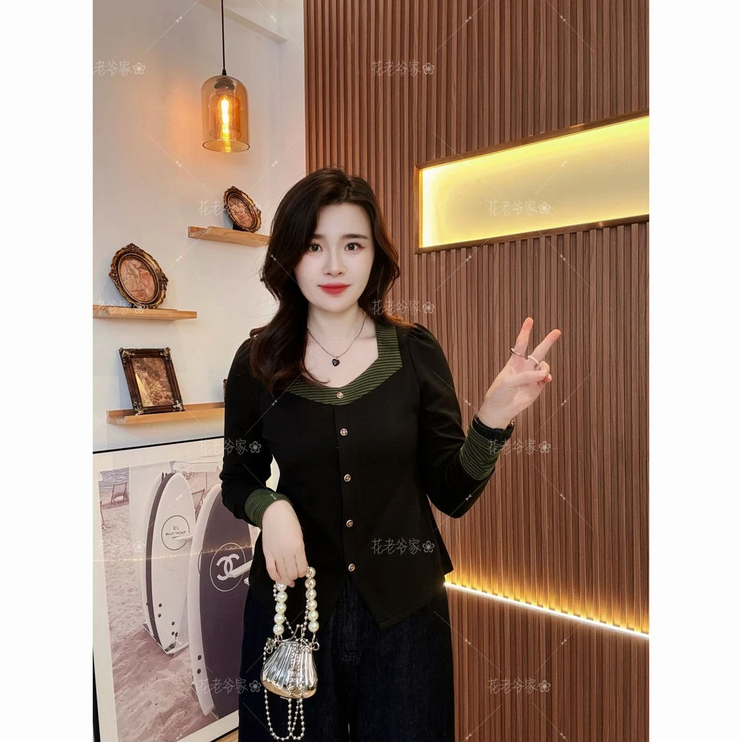 【仅上衣】花老爷微胖大码女装条纹拼接鸡心领显瘦上衣T恤HLY3683