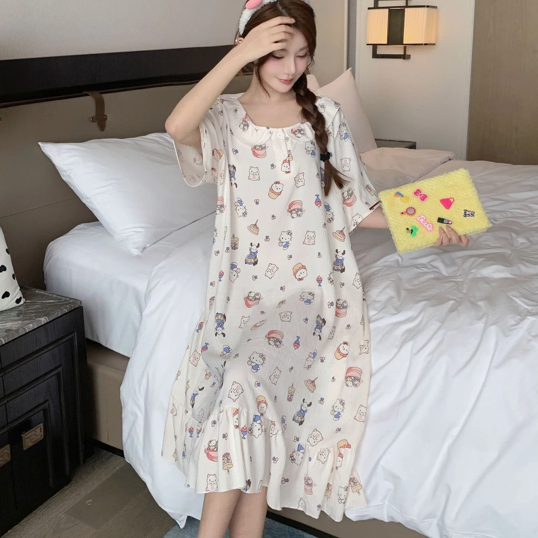 夏季大码胖美女睡衣圆领家居服睡裙女长款短袖宽松250斤穿加肥裙