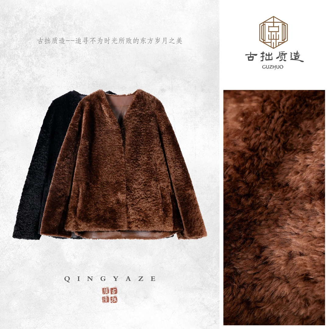 极简主义！西班牙进口胎羊卷羊皮毛一体外套！GZ6613