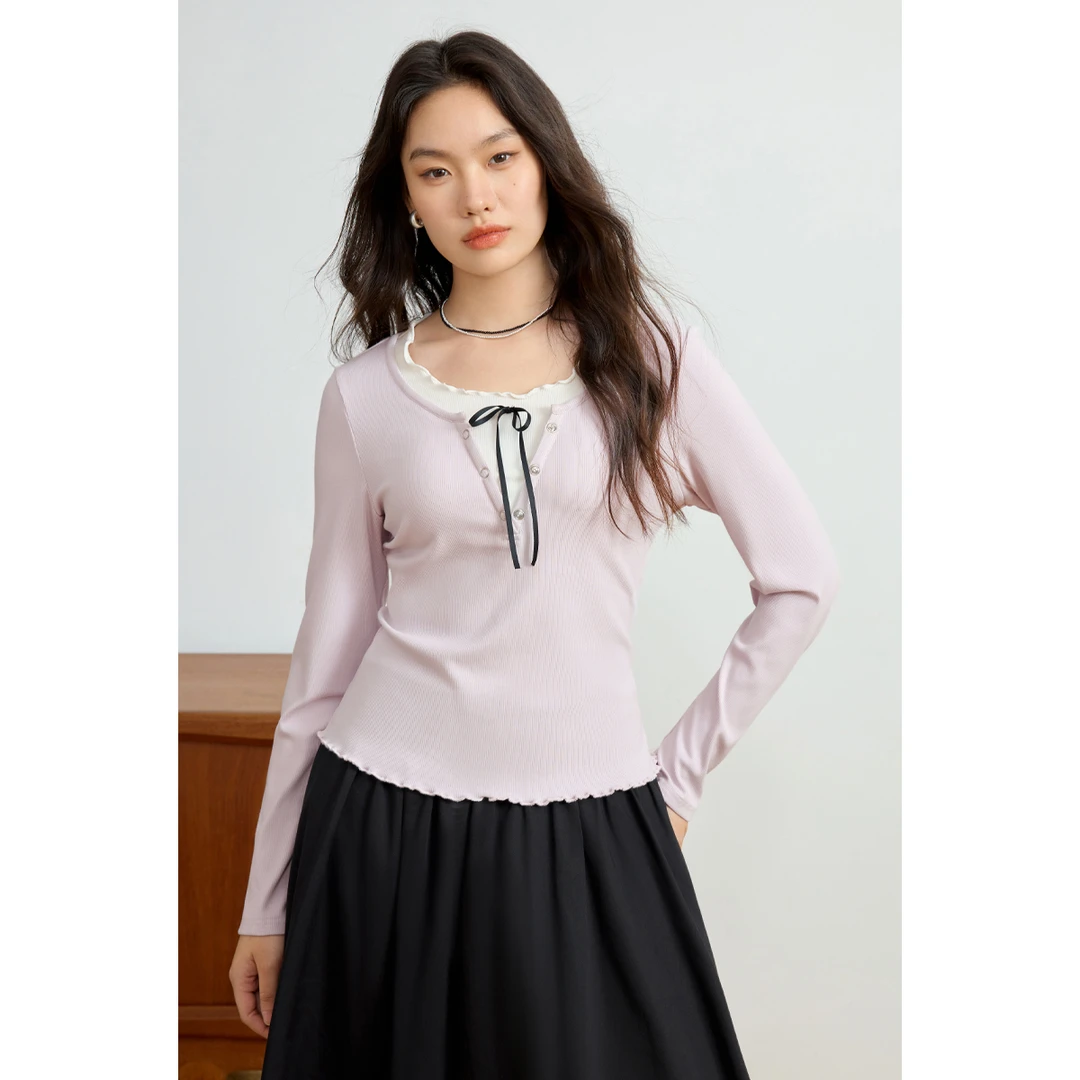 独束大码女装甜美U领木耳边拼接假两件上衣双色内搭25DS81194