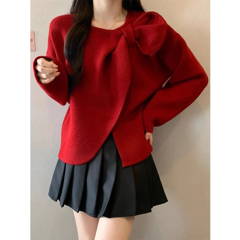 秋冬新款你女2025新年红色蝴蝶结毛衣外套上衣小香风长袖针织衫