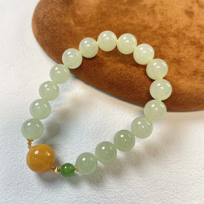 珠联帮【18K】和田玉（冰晴）1.0+圆珠蜜蜡单圈手串