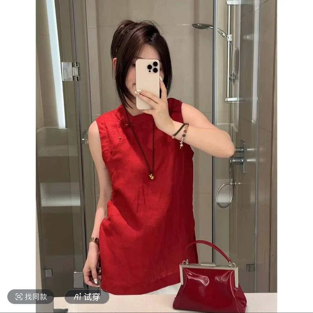 @9093【一曲情歌】 夏季麻料中长款盘扣显瘦新中式上衣无袖