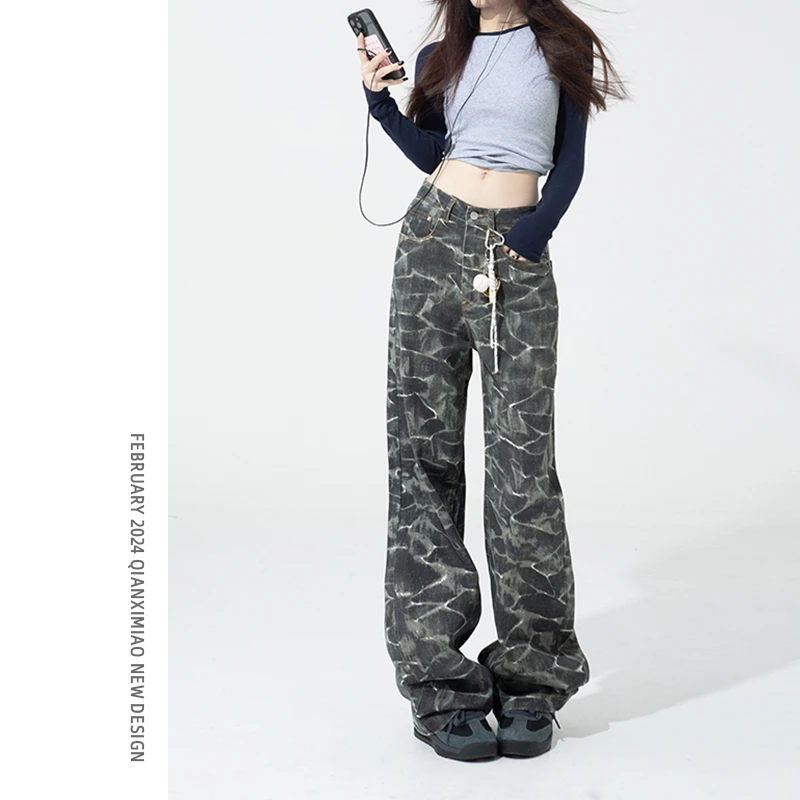 美式街头迷彩少年感牛仔裤女秋冬季新款新款直筒街头阔腿休闲裤子