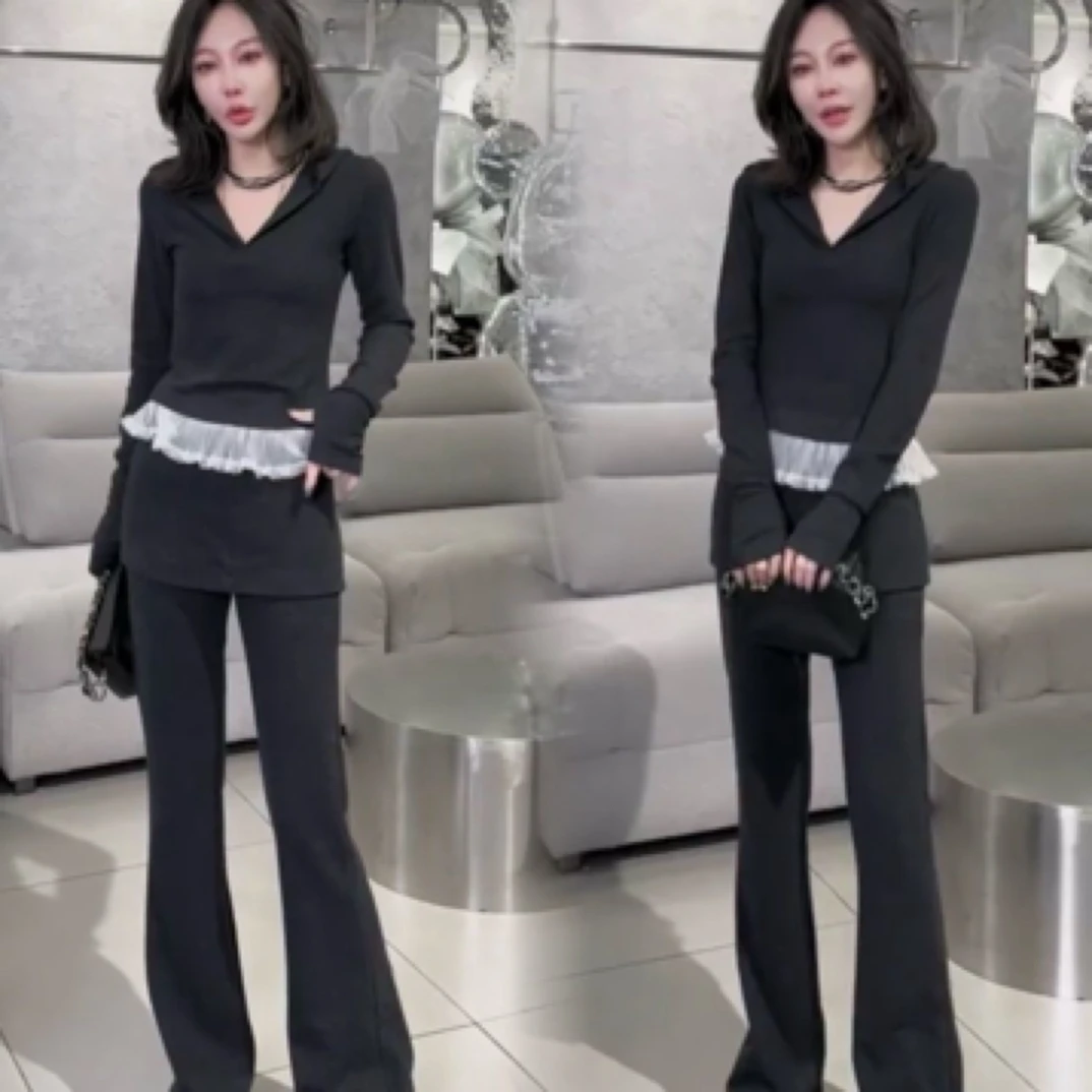 欧货2025春季新款时尚套装女拼接蕾丝边连帽t恤上衣+显瘦喇叭长裤