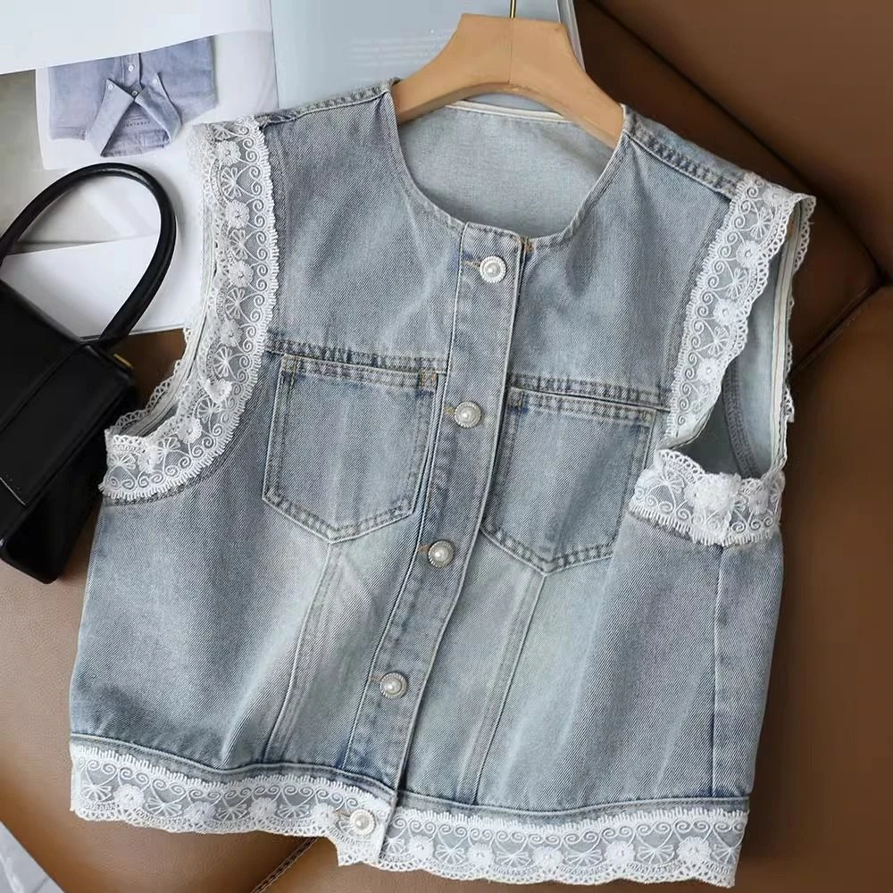 2025春夏新款蕾丝边洋气牛仔马甲女时髦小个子外穿背心坎肩马夹潮
