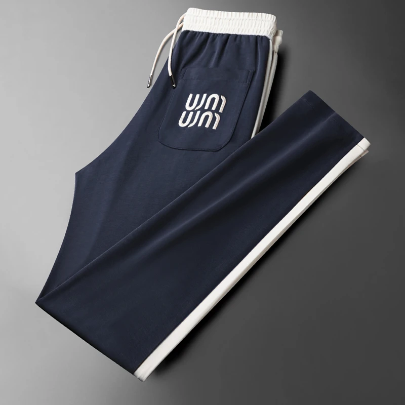 高端莫代尔冰丝凉感休闲裤男士夏季新款百搭撞色拼接直筒运动裤子
